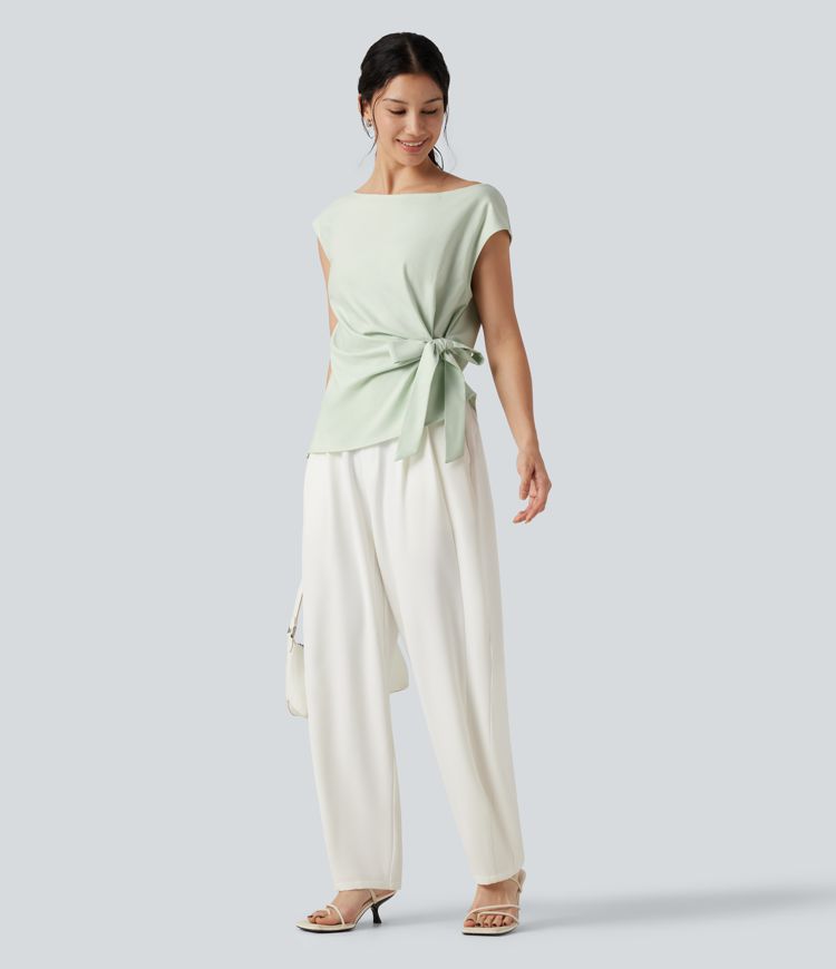 Boat Neck Cap Sleeve Tie-side Casual Linen-Blend Blouse