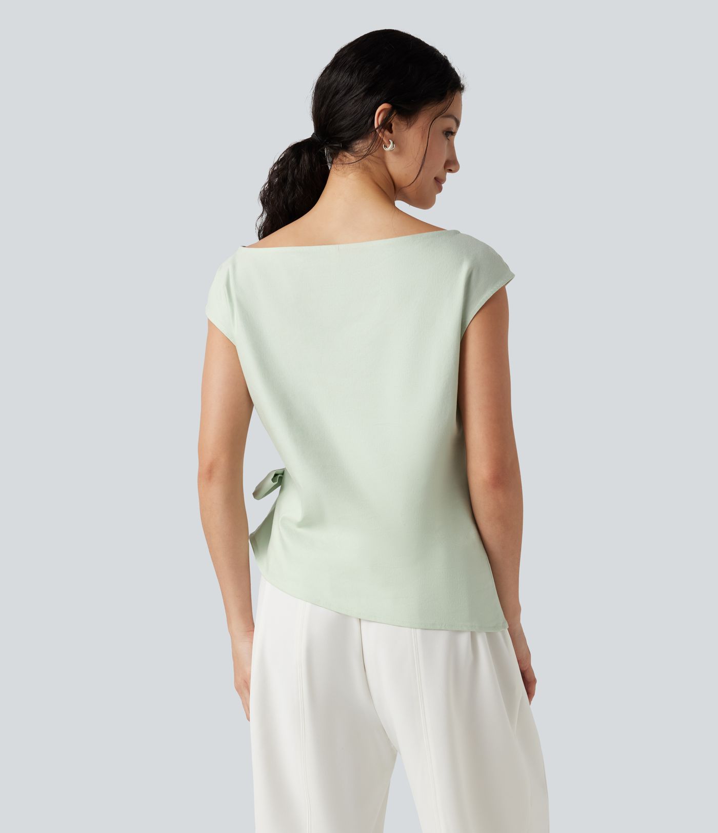 Boat Neck Cap Sleeve Tie-side Casual Linen-Blend Blouse