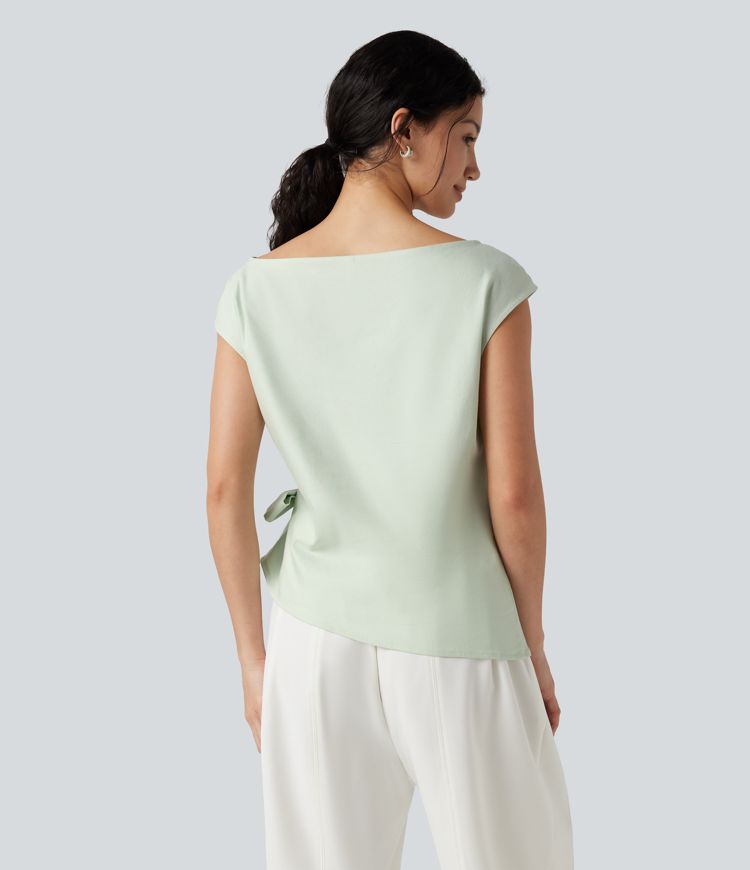 Boat Neck Cap Sleeve Tie-side Casual Linen-Blend Blouse