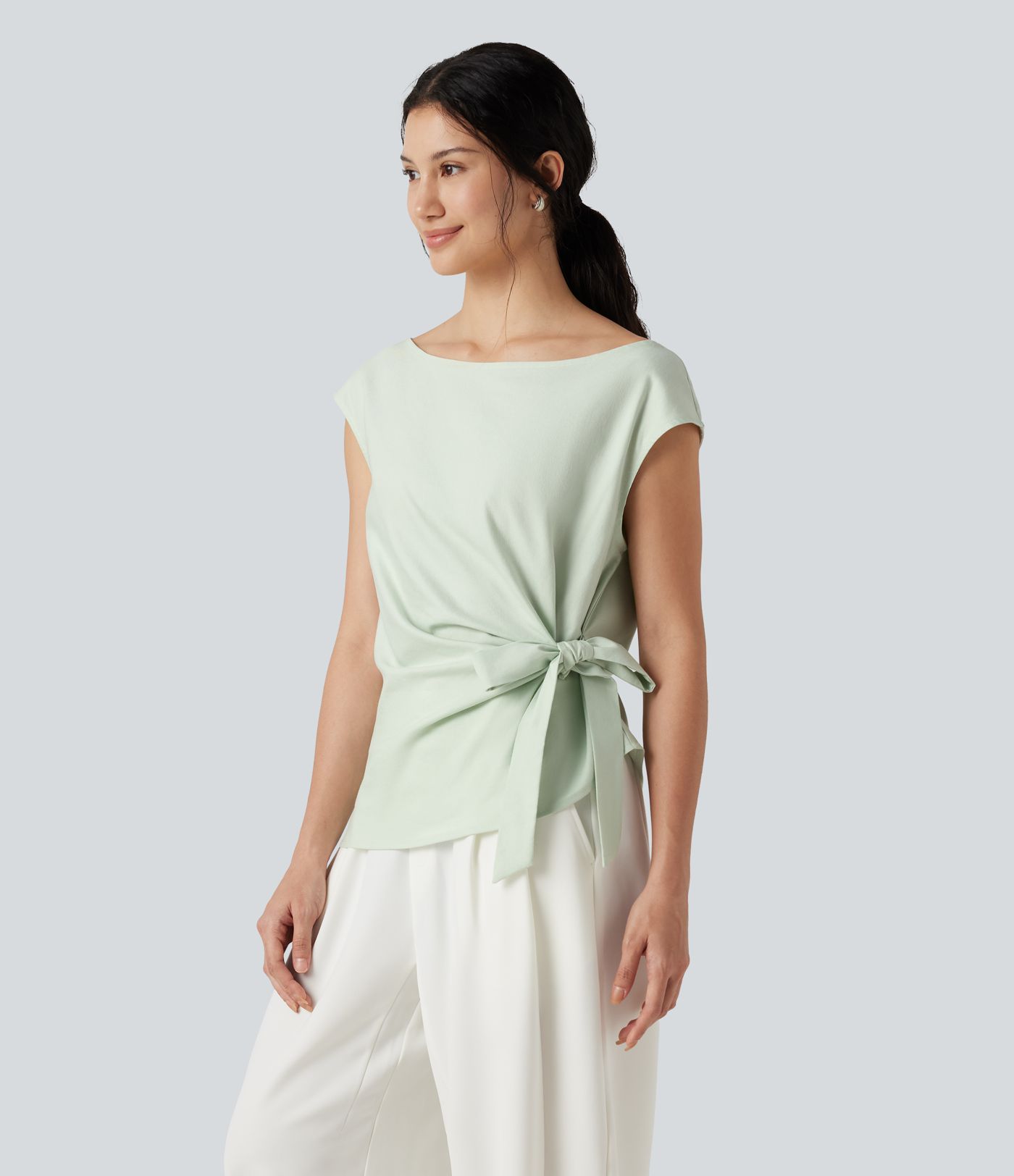 Boat Neck Cap Sleeve Tie-side Casual Linen-Blend Blouse