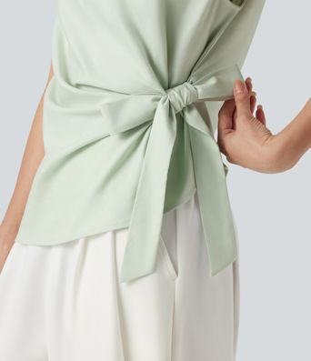 Boat Neck Cap Sleeve Tie-side Casual Linen-Blend Blouse