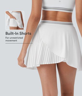 Mid High Waisted 2-in-1 Pocket Pleated Asymmetric Hem Quick Dry Mini Tennis Skirt