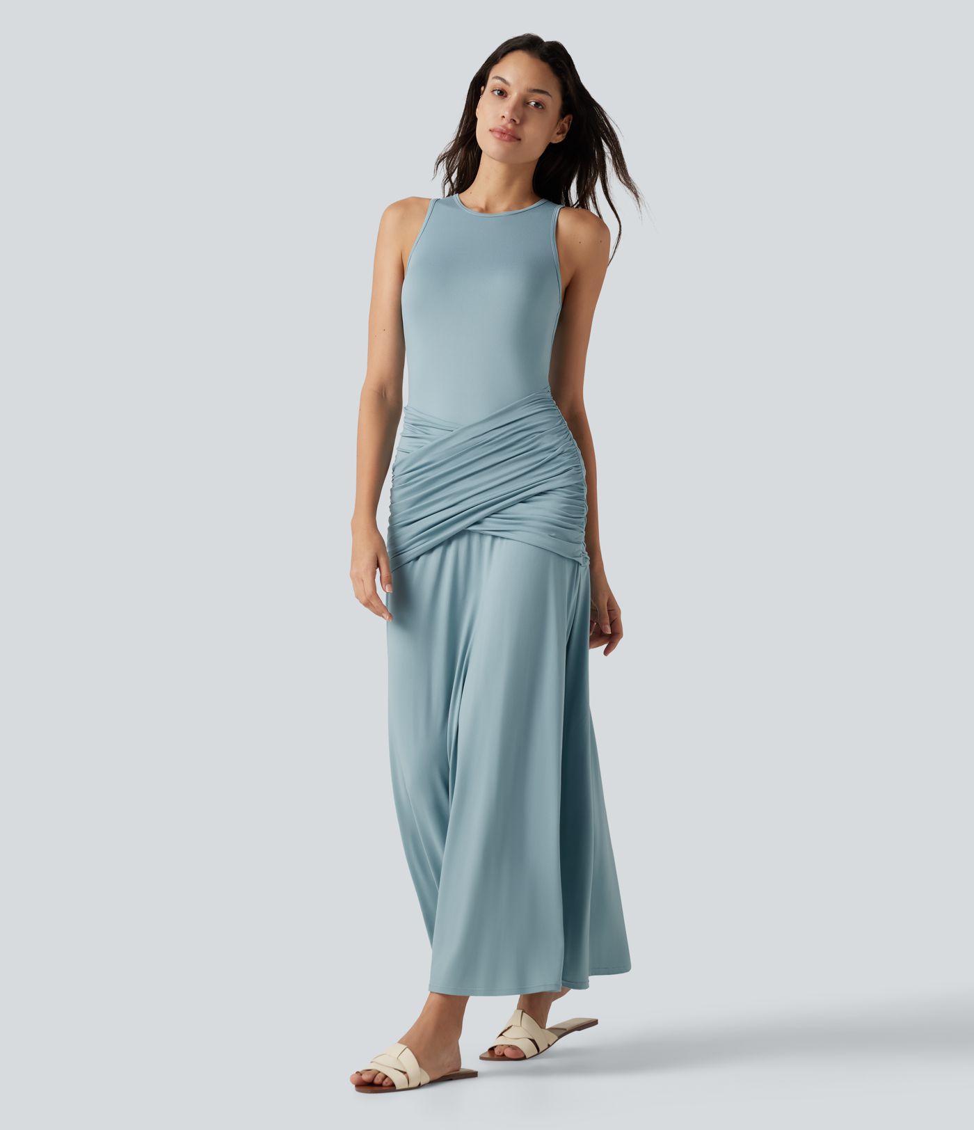 Round Neck Sleeveless Ruched Crossover Waist Maxi Casual Flowy Dress