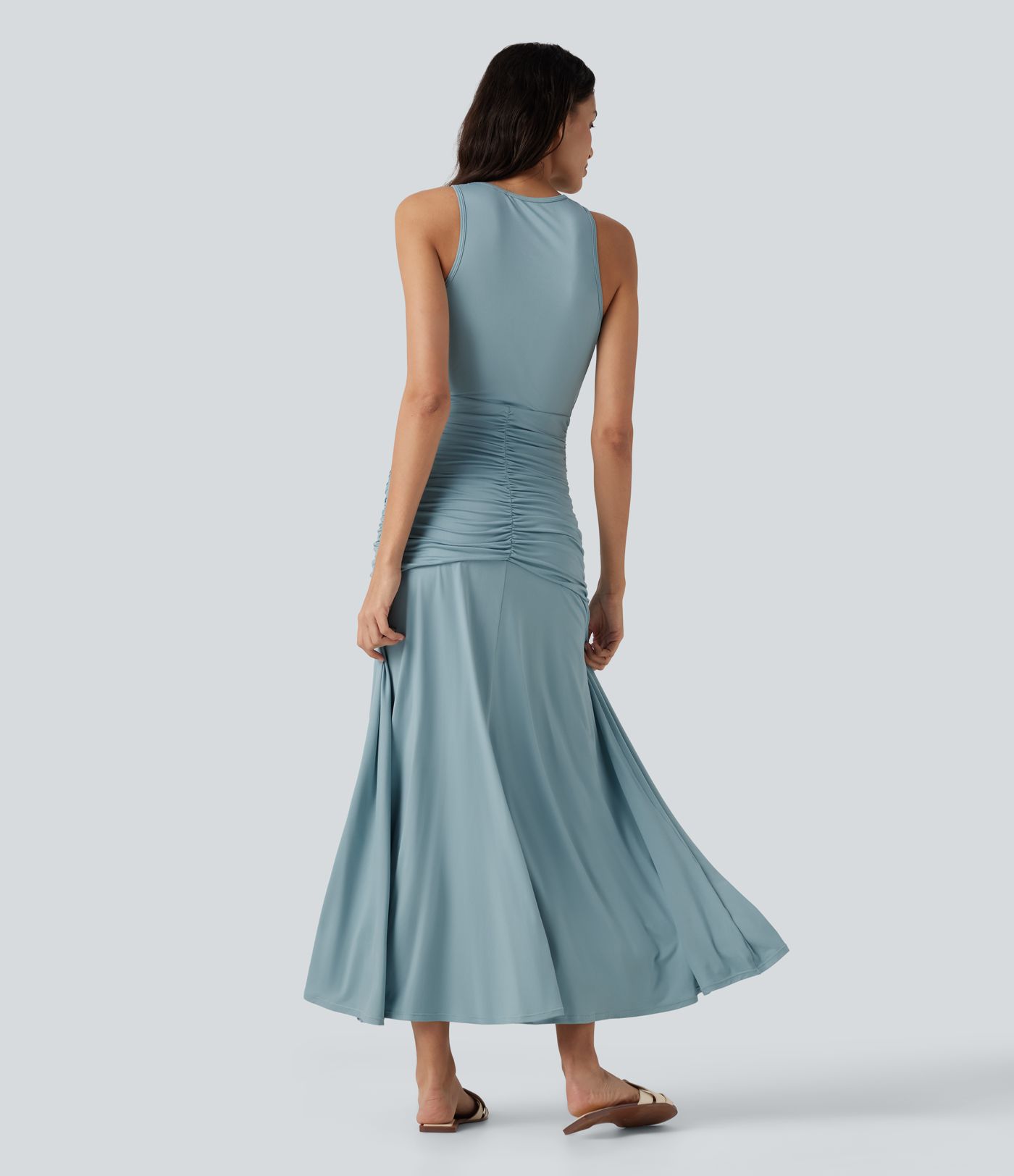 Round Neck Sleeveless Ruched Crossover Waist Maxi Casual Flowy Dress