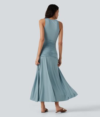 Round Neck Sleeveless Ruched Crossover Waist Maxi Casual Flowy Dress
