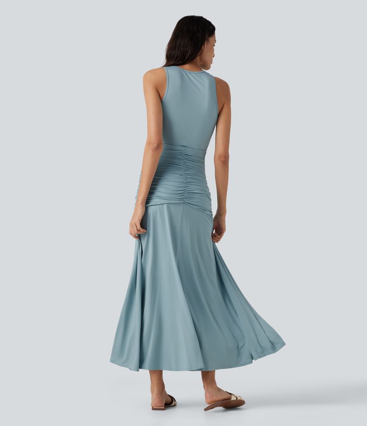 Round Neck Sleeveless Ruched Crossover Waist Maxi Casual Flowy Dress