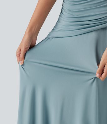 Round Neck Sleeveless Ruched Crossover Waist Maxi Casual Flowy Dress