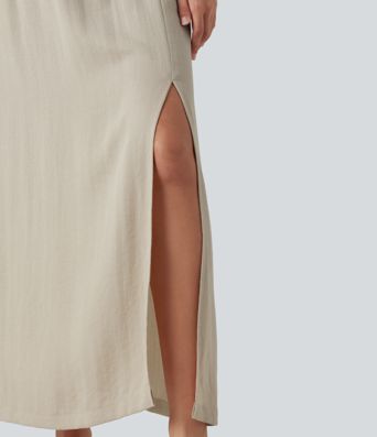 High Waisted Split Hem Maxi Casual Linen-Feel Skirt with Pockets High Waisted Split Hem Maxi Casual Linen-Feel Skirt with Pockets