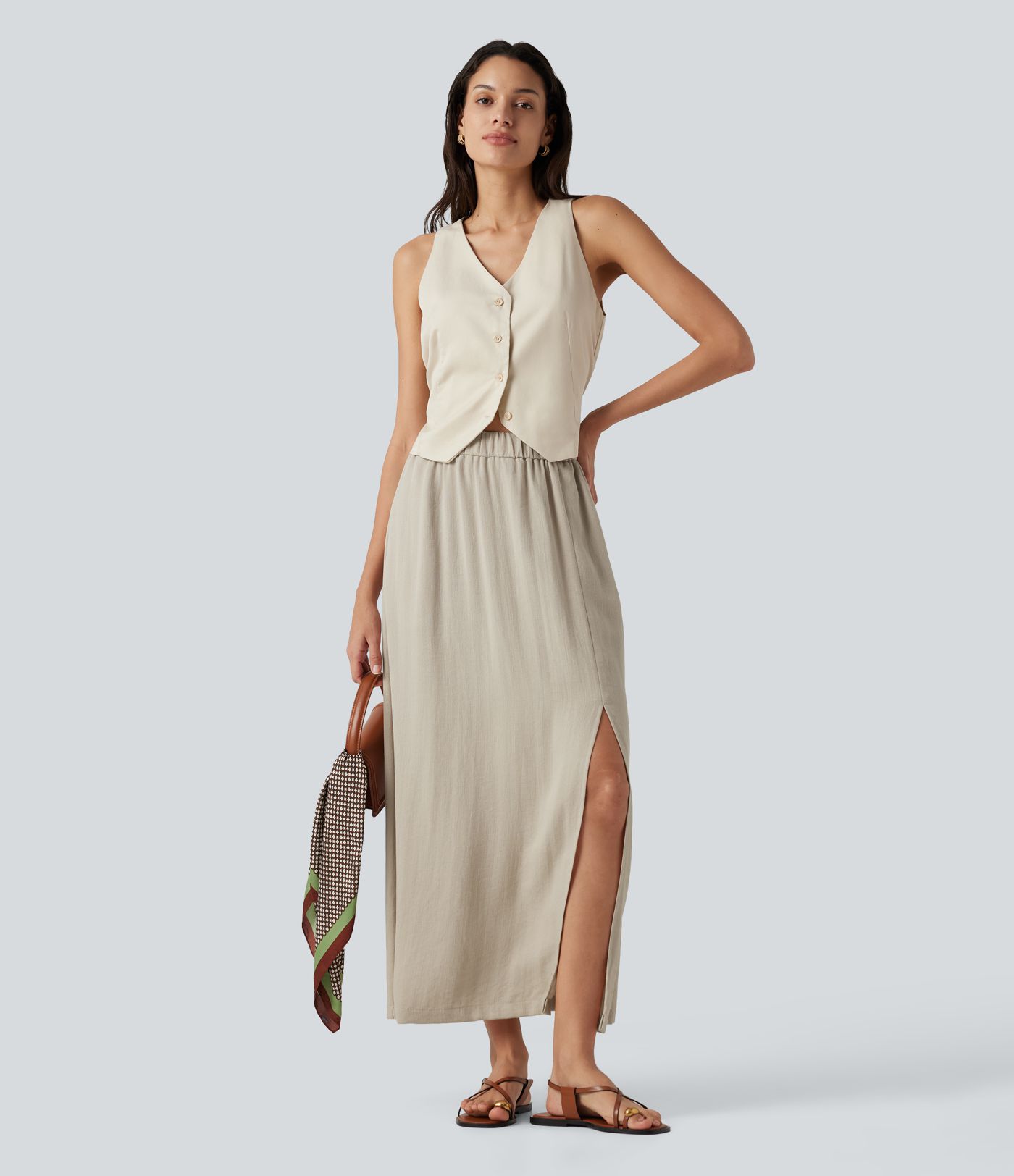 High Waisted Split Hem Maxi Casual Linen-Feel Skirt with Pockets High Waisted Split Hem Maxi Casual Linen-Feel Skirt with Pockets