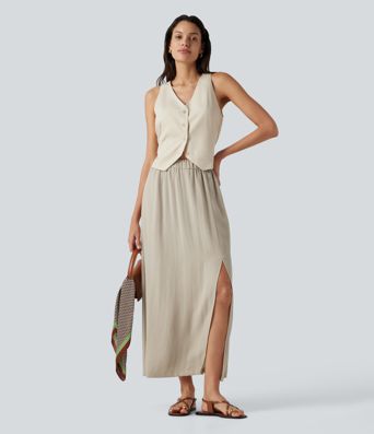 High Waisted Split Hem Maxi Casual Linen-Feel Skirt with Pockets High Waisted Split Hem Maxi Casual Linen-Feel Skirt with Pockets