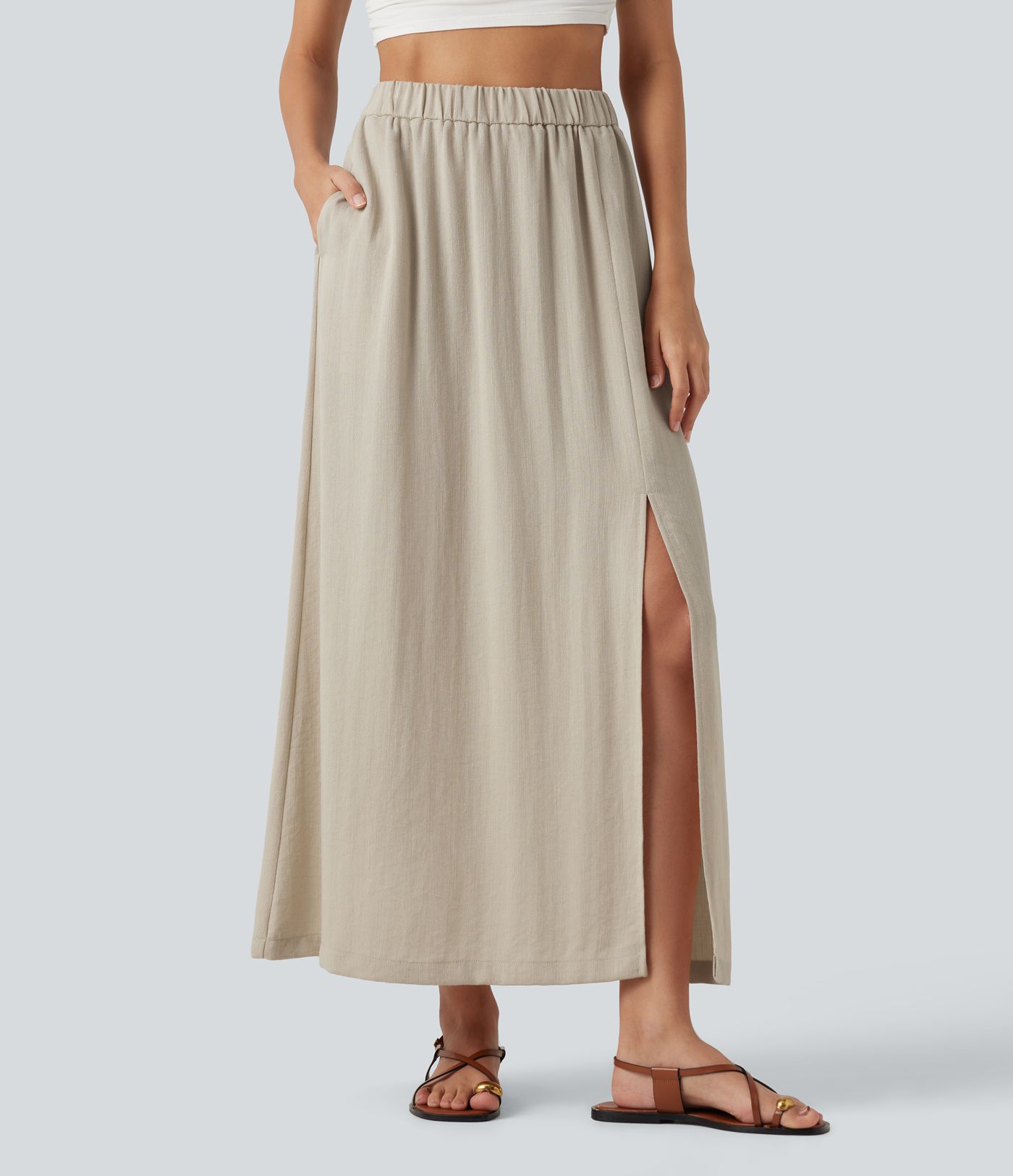 High Waisted Split Hem Maxi Casual Linen-Feel Skirt with Pockets High Waisted Split Hem Maxi Casual Linen-Feel Skirt with Pockets