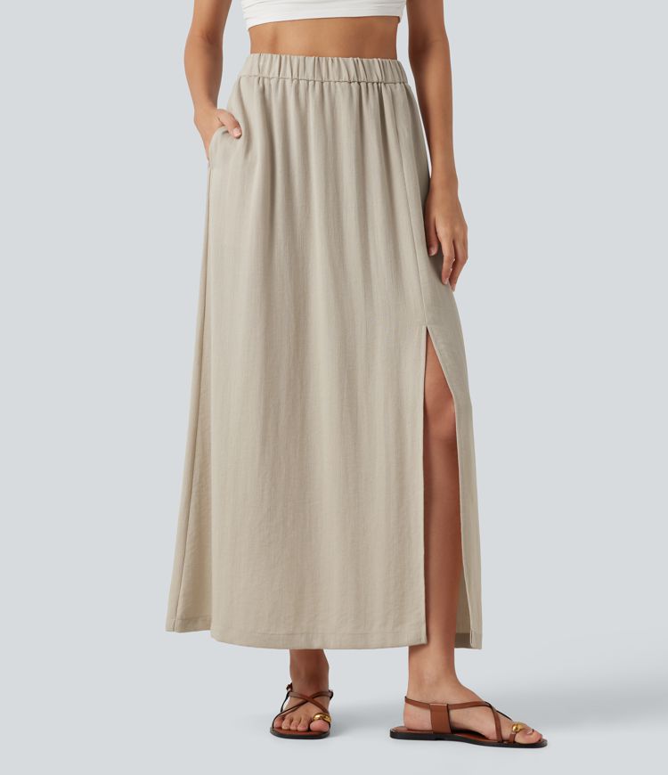 High Waisted Split Hem Maxi Casual Linen-Feel Skirt with Pockets High Waisted Split Hem Maxi Casual Linen-Feel Skirt with Pockets