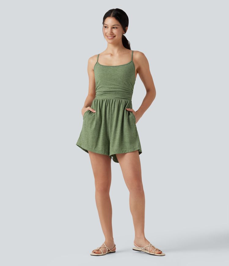 Built-in Bra Ruched 2-in-1 Heathered Casual Playsuit with Pockets-Easy Peezy Edition