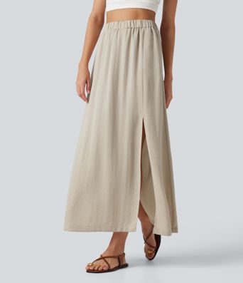 High Waisted Split Hem Maxi Casual Linen-Feel Skirt with Pockets High Waisted Split Hem Maxi Casual Linen-Feel Skirt with Pockets