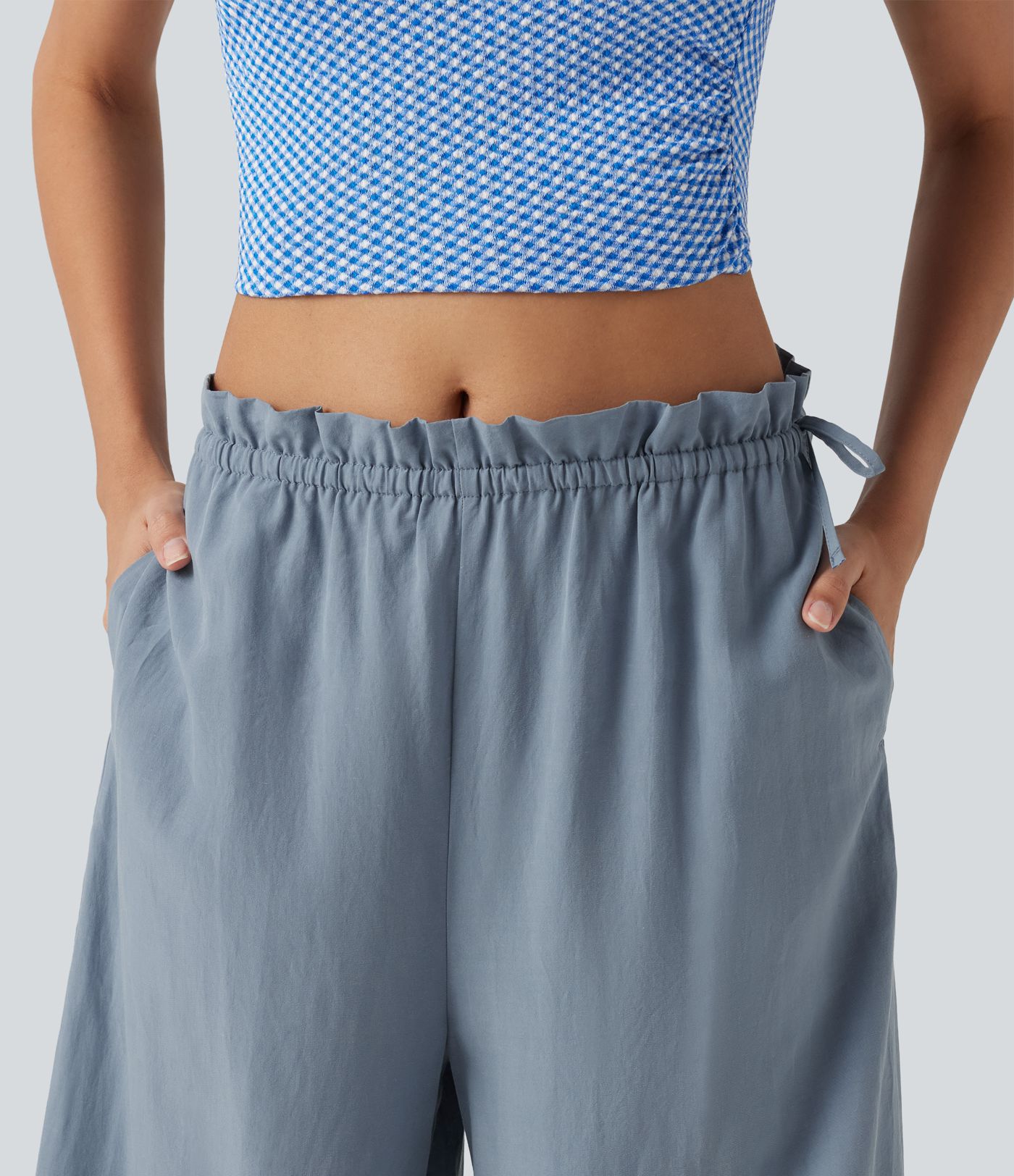 Frill Trim Mid Rise Drawstring Casual Linen-Blend Baggy Flowy Pants with Pockets