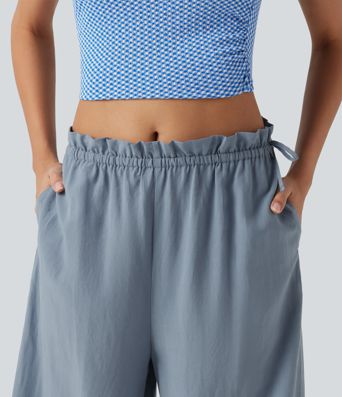 Frill Trim Mid Rise Drawstring Casual Linen-Blend Baggy Flowy Pants with Pockets