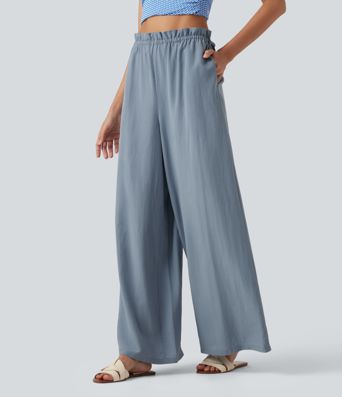 Frill Trim Mid Rise Drawstring Casual Linen-Blend Baggy Flowy Pants with Pockets