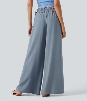 Frill Trim Mid Rise Drawstring Casual Linen-Blend Baggy Flowy Pants with Pockets