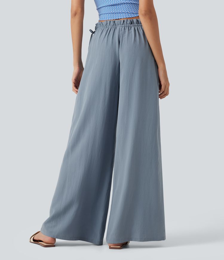 Frill Trim Mid Rise Drawstring Casual Linen-Blend Baggy Flowy Pants with Pockets