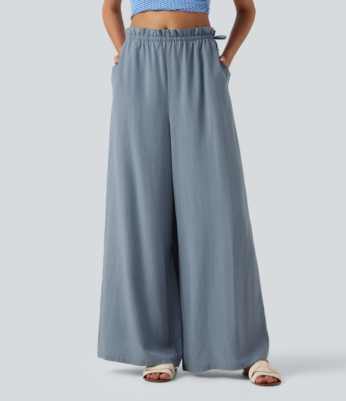 Frill Trim Mid Rise Drawstring Casual Linen-Blend Baggy Flowy Pants with Pockets