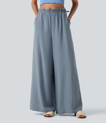 Frill Trim Mid Rise Drawstring Casual Linen-Blend Baggy Flowy Pants with Pockets