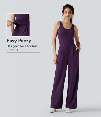 U Neck Wide Leg Work Jumpsuit with Pockets-Easy Peezy Edition