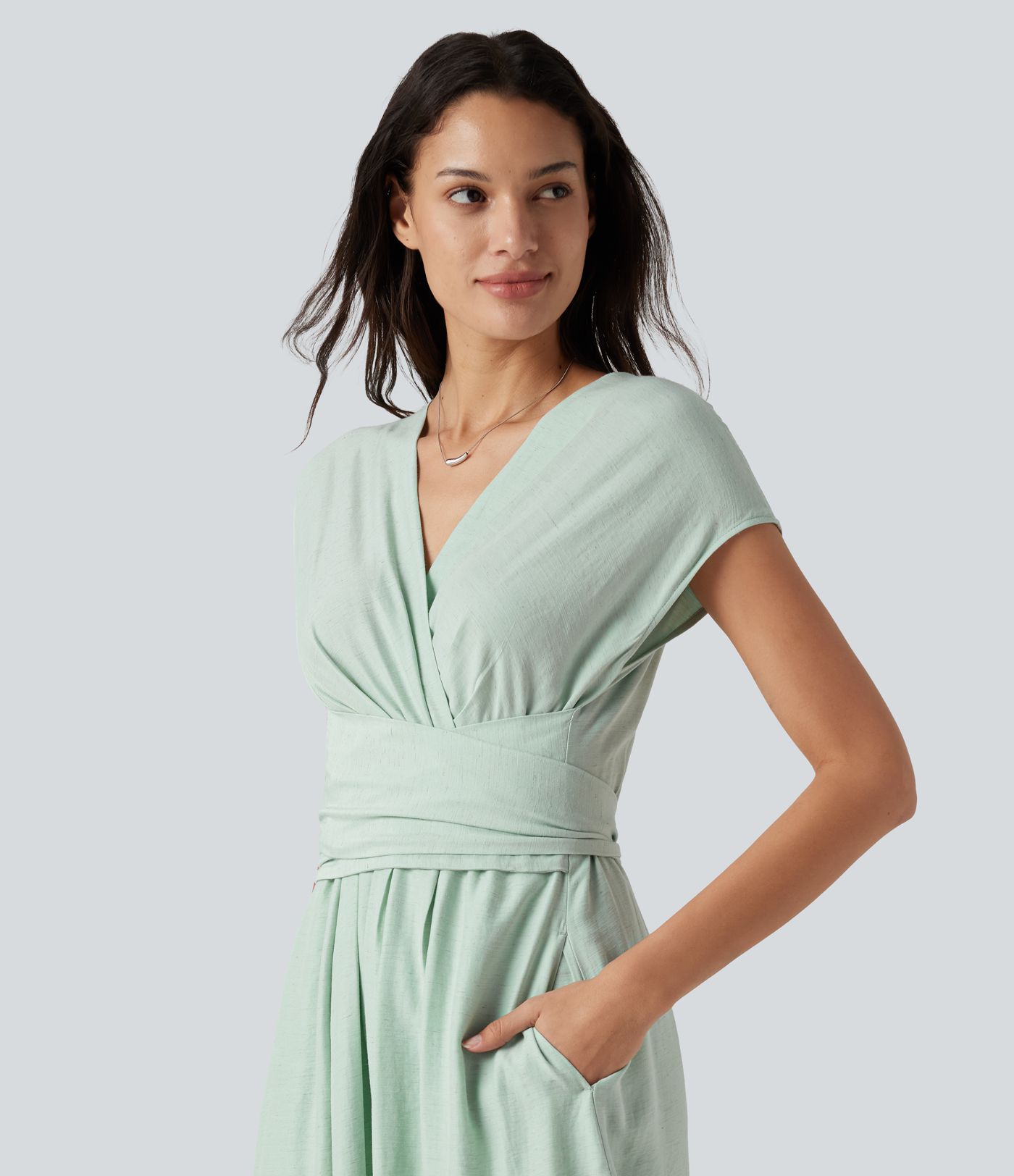 V Neck Short Sleeve Tie Back Midi Casual Linen-Blend Flowy Dress with Pockets