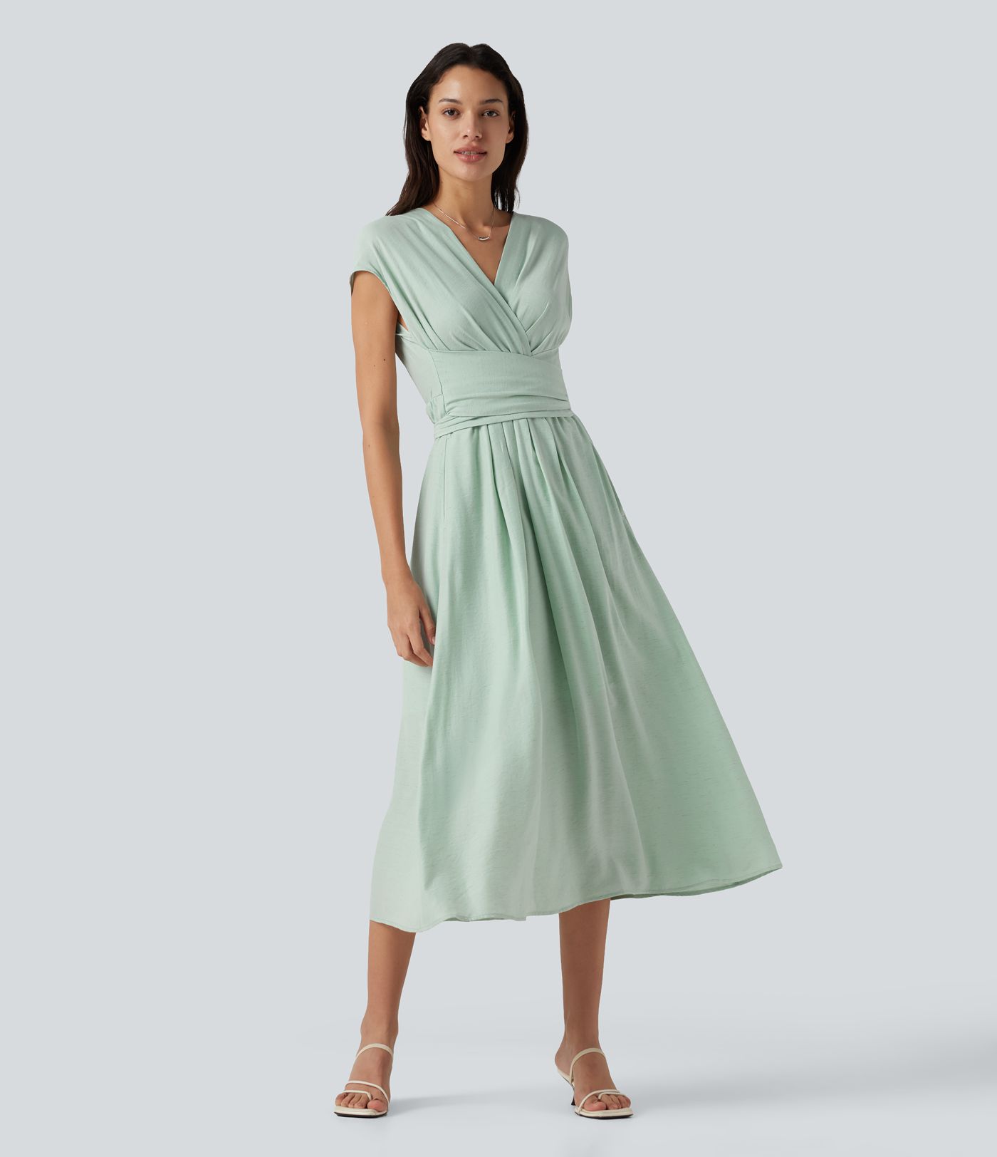V Neck Short Sleeve Tie Back Midi Casual Linen-Blend Flowy Dress with Pockets