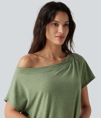 Top de un hombro con manga corta, dobladillo curvo y corte high-low, con sujetador integrado, estilo casual jaspeado Top de un hombro con manga corta, dobladillo curvo y corte high-low, con sujetador integrado, estilo casual jaspeado