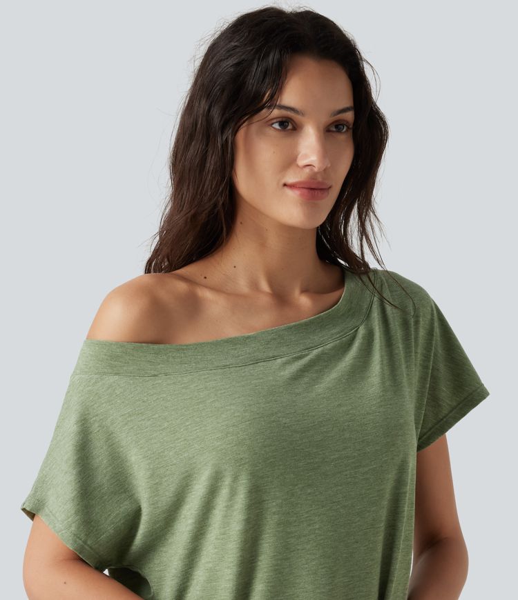 Top de un hombro con manga corta, dobladillo curvo y corte high-low, con sujetador integrado, estilo casual jaspeado Top de un hombro con manga corta, dobladillo curvo y corte high-low, con sujetador integrado, estilo casual jaspeado
