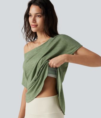 Top de un hombro con manga corta, dobladillo curvo y corte high-low, con sujetador integrado, estilo casual jaspeado Top de un hombro con manga corta, dobladillo curvo y corte high-low, con sujetador integrado, estilo casual jaspeado