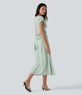 V Neck Short Sleeve Tie Back Midi Casual Linen-Blend Flowy Dress with Pockets