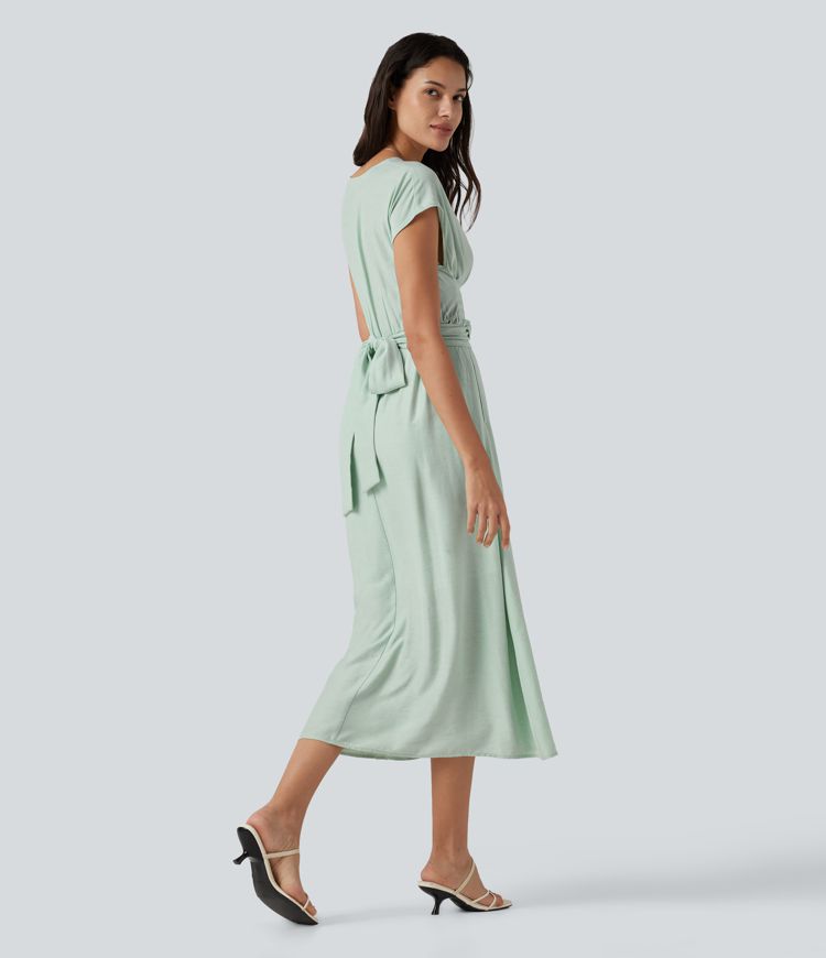 V Neck Short Sleeve Tie Back Midi Casual Linen-Blend Flowy Dress with Pockets
