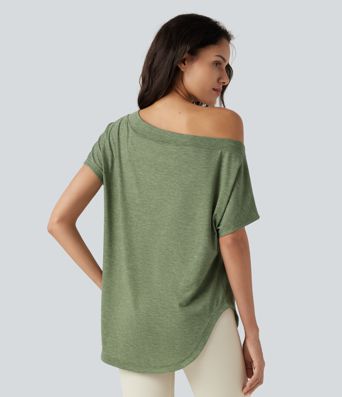 Top de un hombro con manga corta, dobladillo curvo y corte high-low, con sujetador integrado, estilo casual jaspeado Top de un hombro con manga corta, dobladillo curvo y corte high-low, con sujetador integrado, estilo casual jaspeado