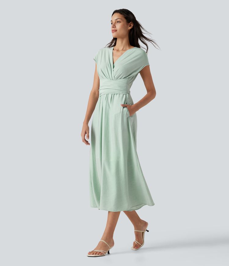 Silt Green Lässiges, fließendes Midikleid aus Leinenmischgewebe mit V-Ausschnitt, Seitentaschen, kurzen Ärmeln und Bindeband hinten / 1