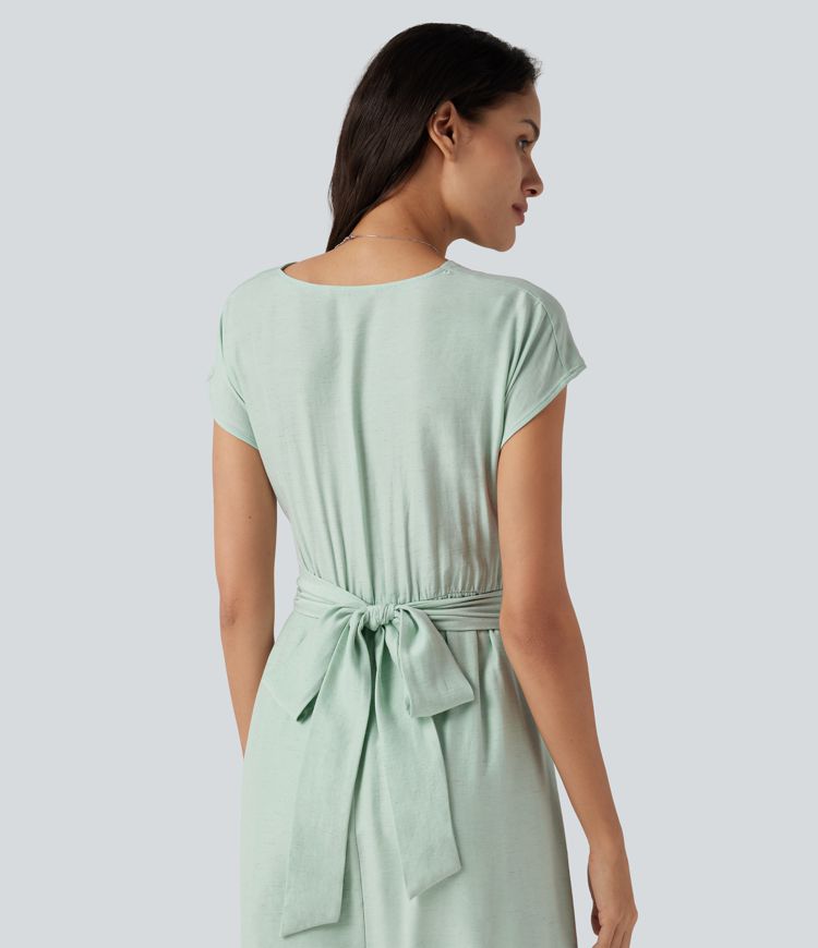 V Neck Short Sleeve Tie Back Midi Casual Linen-Blend Flowy Dress with Pockets