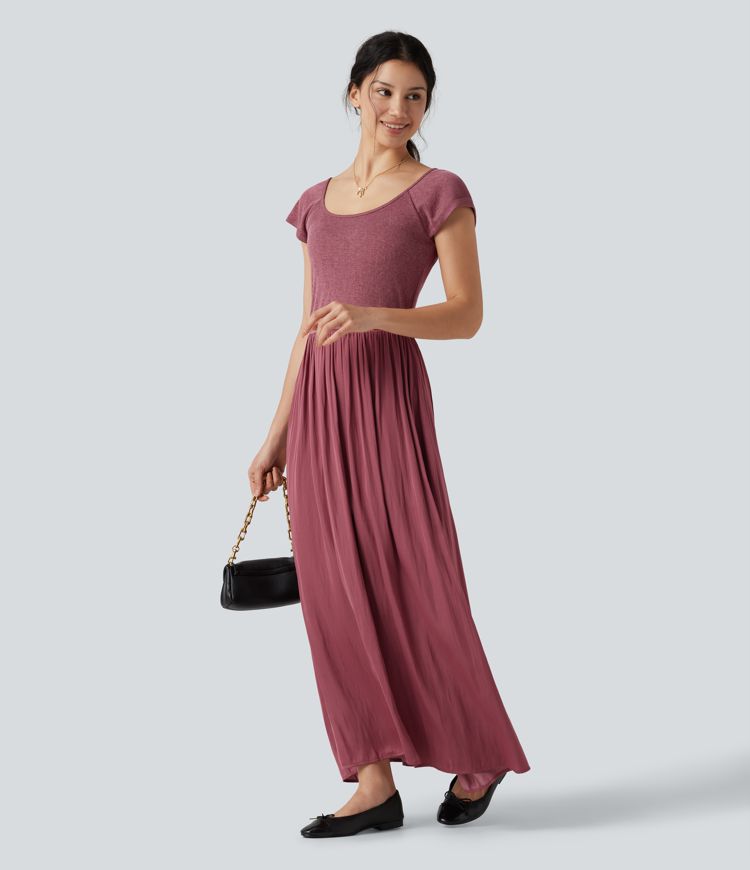 U Neck Short Sleeve Flowy Maxi Casual Dress U Neck Short Sleeve Flowy Maxi Casual Dress