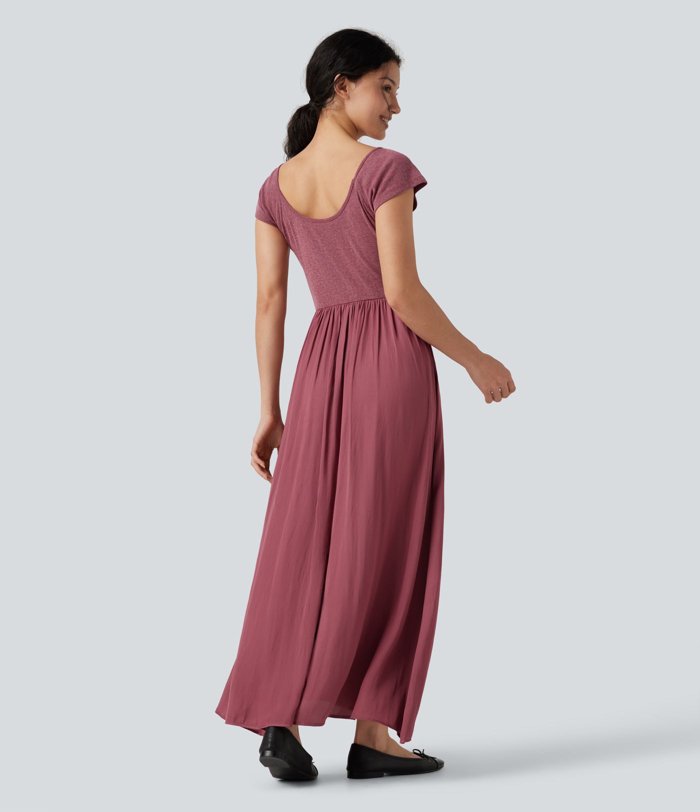 U Neck Short Sleeve Flowy Maxi Casual Dress U Neck Short Sleeve Flowy Maxi Casual Dress