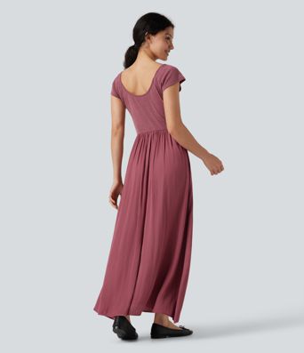 U Neck Short Sleeve Flowy Maxi Casual Dress U Neck Short Sleeve Flowy Maxi Casual Dress
