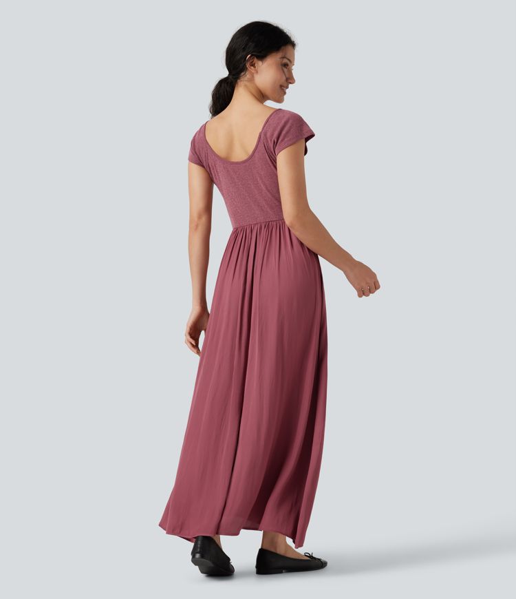 U Neck Short Sleeve Flowy Maxi Casual Dress U Neck Short Sleeve Flowy Maxi Casual Dress