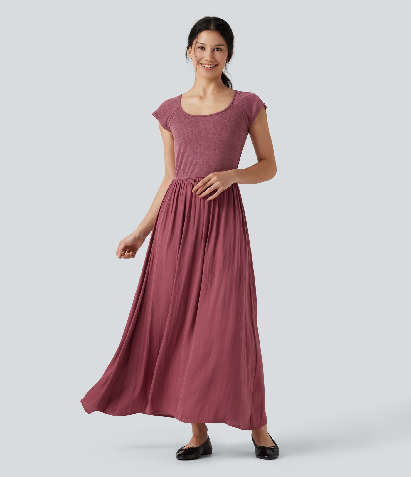 U Neck Short Sleeve Flowy Maxi Casual Dress U Neck Short Sleeve Flowy Maxi Casual Dress