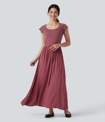 U Neck Short Sleeve Flowy Maxi Casual Dress U Neck Short Sleeve Flowy Maxi Casual Dress