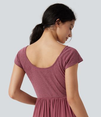 U Neck Short Sleeve Flowy Maxi Casual Dress U Neck Short Sleeve Flowy Maxi Casual Dress