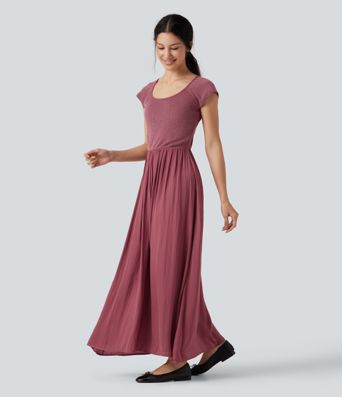 U Neck Short Sleeve Flowy Maxi Casual Dress U Neck Short Sleeve Flowy Maxi Casual Dress