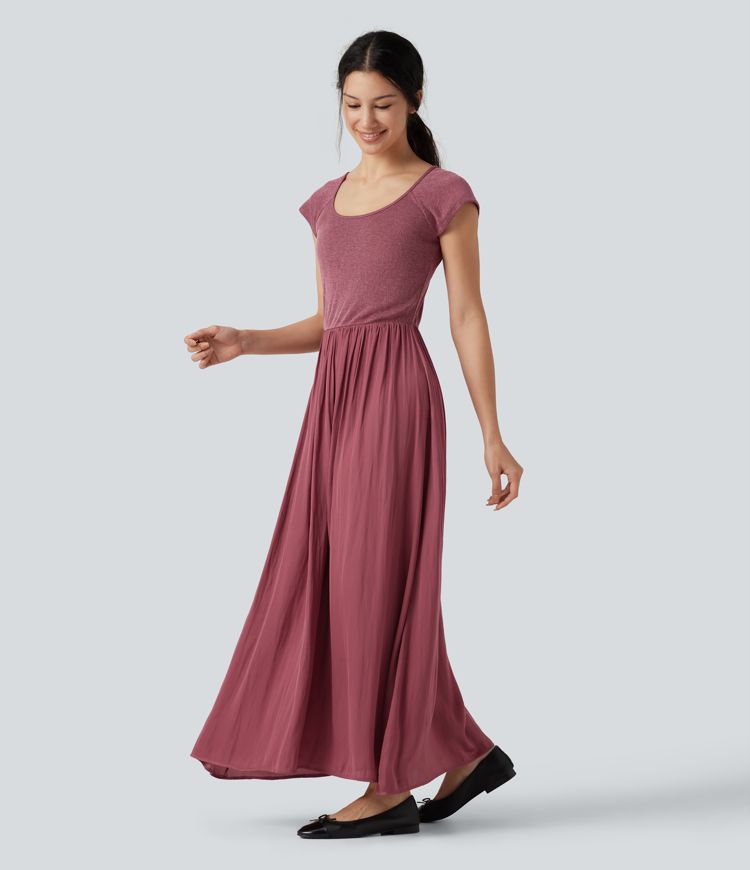 U Neck Short Sleeve Flowy Maxi Casual Dress U Neck Short Sleeve Flowy Maxi Casual Dress