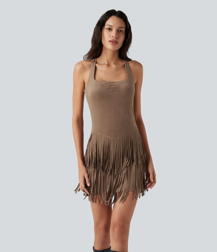 Coca Mocha Square Neck Sleeveless Suede Bodycon Party Micro Mini Dress with Built-in Bra and Shorts / 2