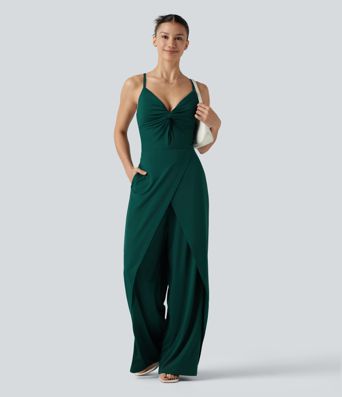Wrap Split Hem Built-in Bra Casual Slip Baggy Jumpsuit with Pockets-Easy Peezy