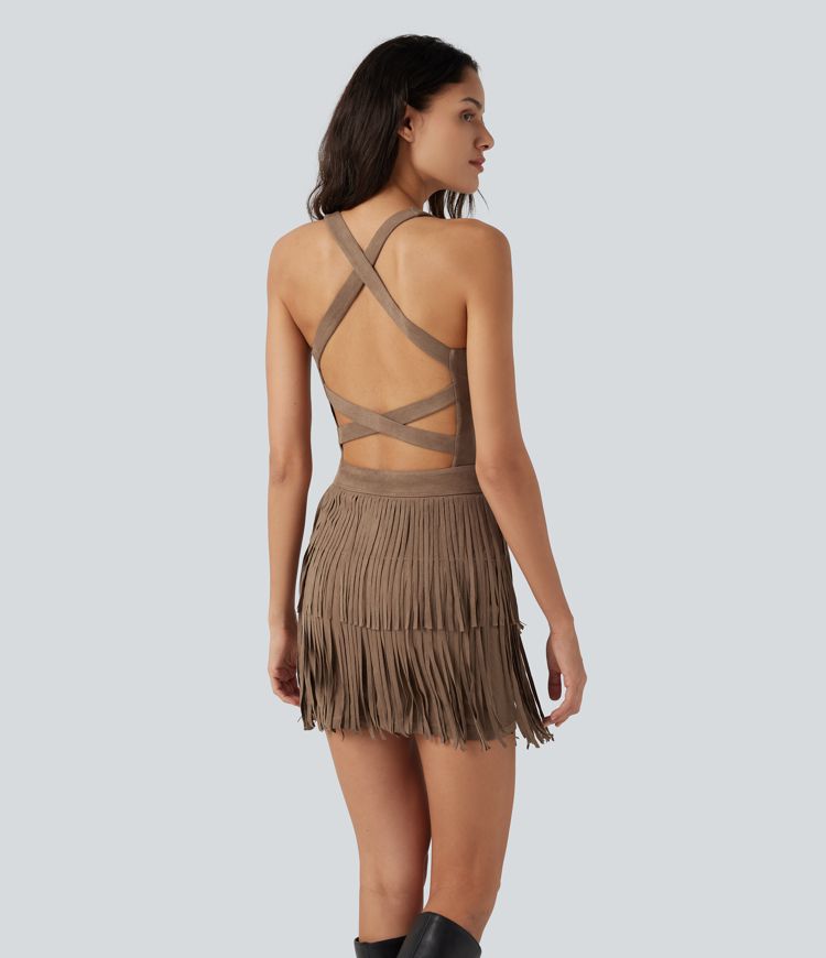 Robe micro-mini moulante en suède à encolure carrée et sans manches, pour soirée, avec soutien-gorge et short intégrés