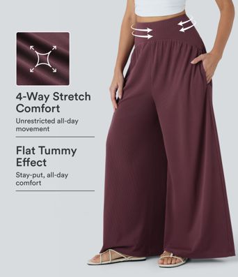 High Waisted Tummy Control Wide Leg Waffle Casual Pants with Pockets