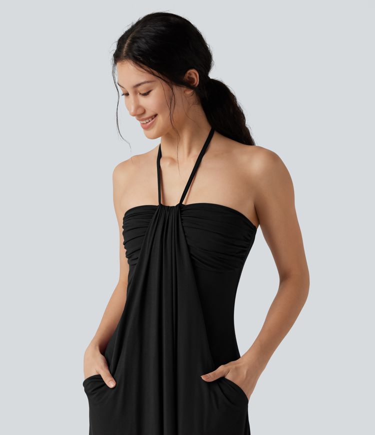 Midikleid in A-Linie mit Seitentaschen, Neckholder und Bindeband hinten